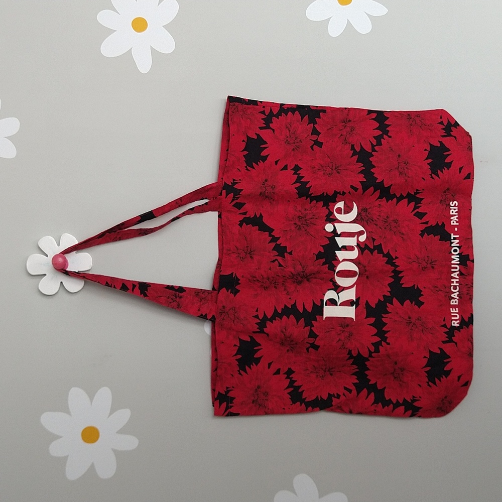 NWOT Rouje Black Red Floral White Lettering Lightweight Tote
